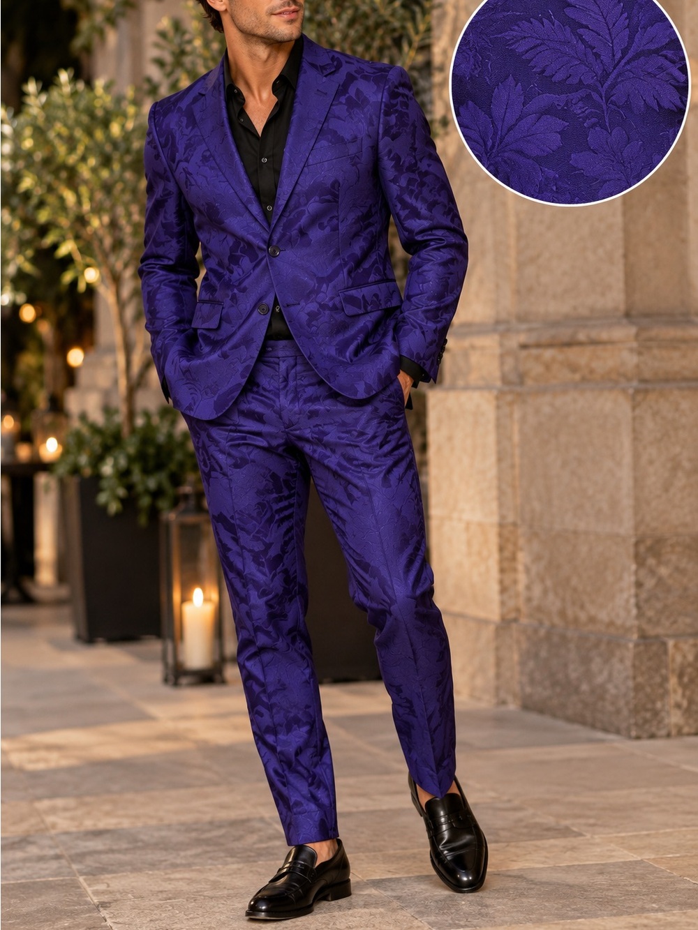 Blu Martini Purple Floral Jacquard 2 Piece Suit Mens 36R Pants 32 Y2K Prom
